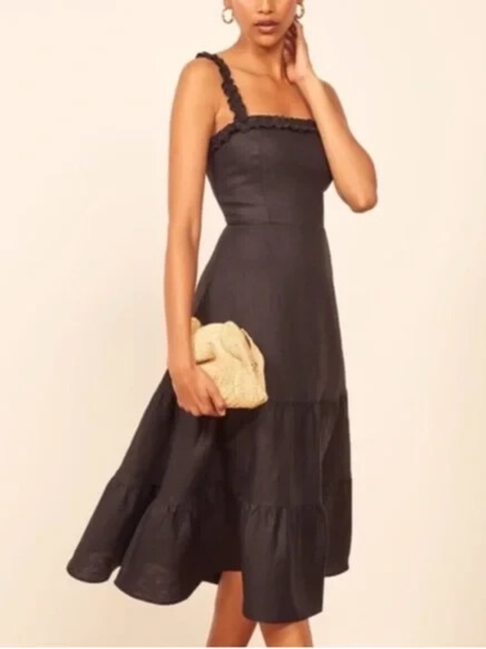 Reformation Hyla Linen Tiered Midi Dress Black 4 $248